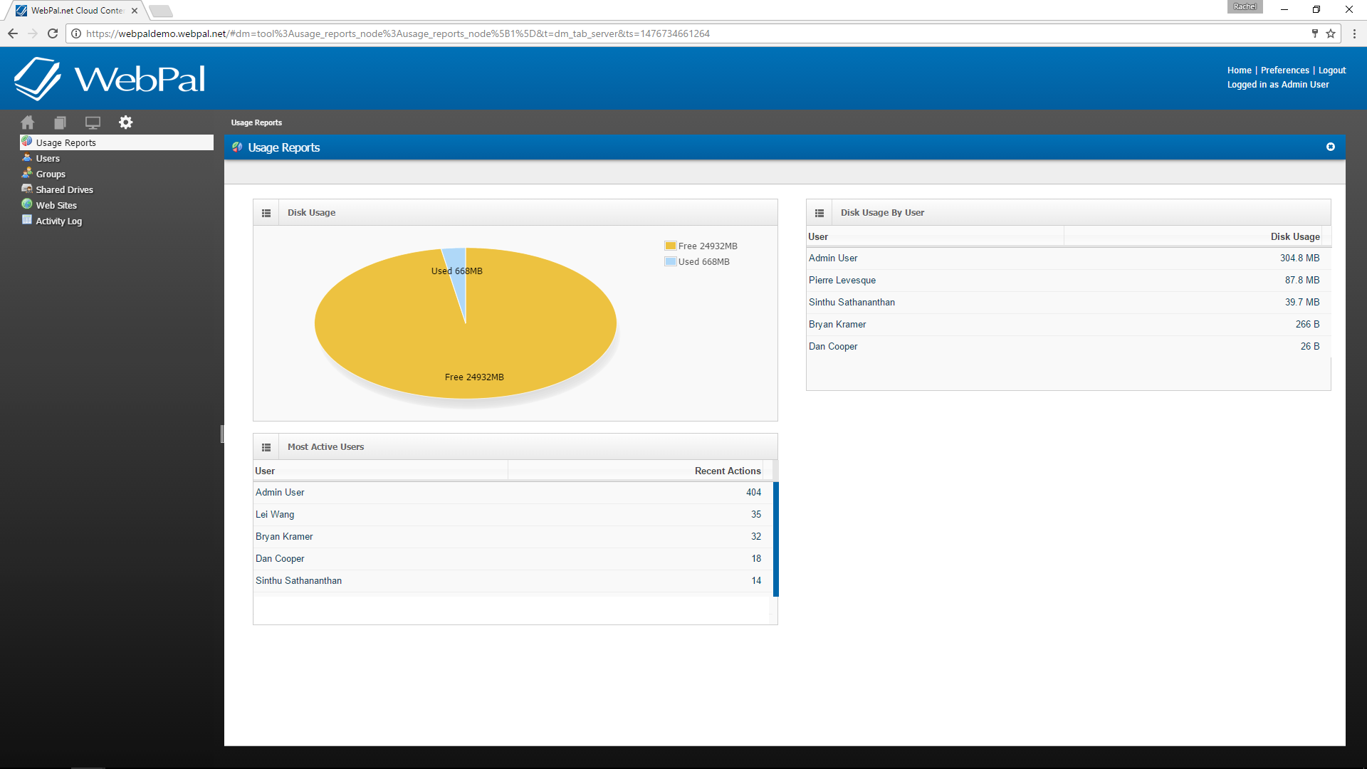 webpal cloud server, usage reporting, admin functions