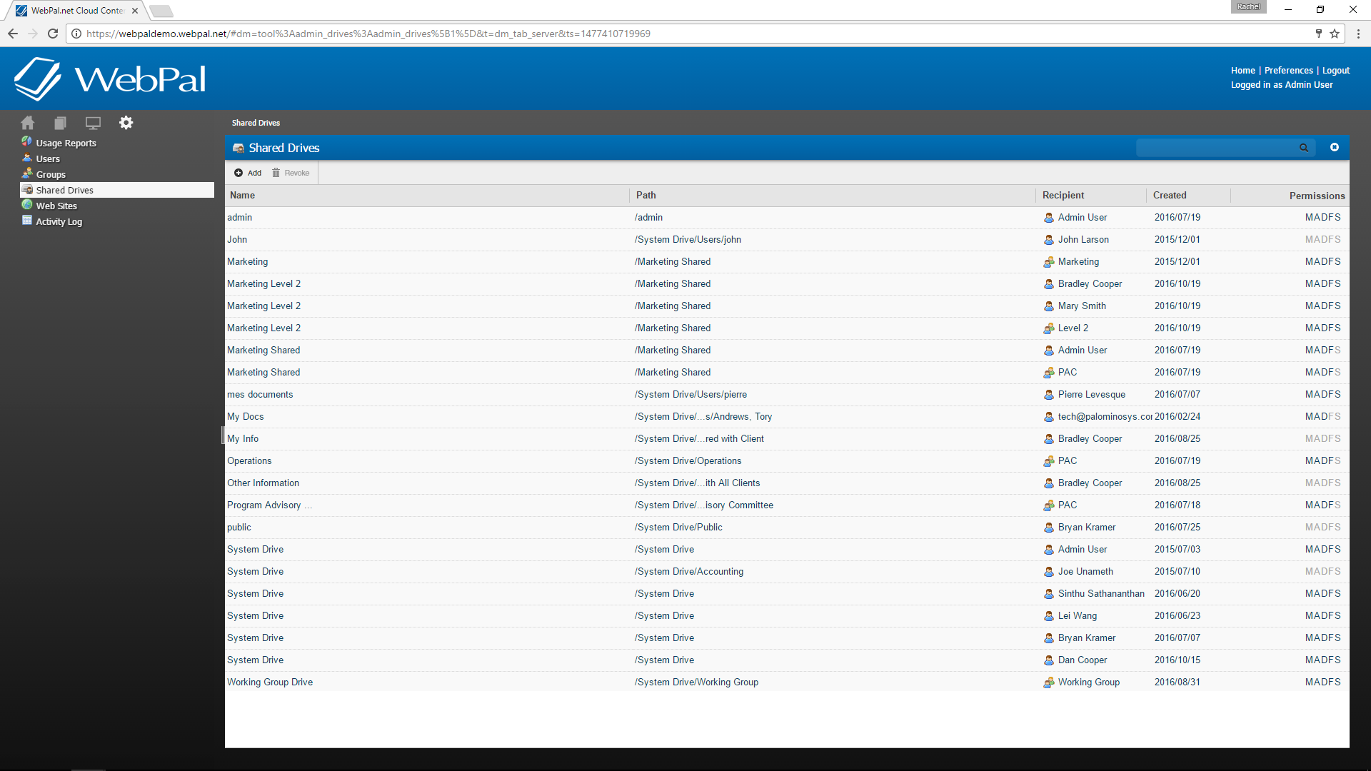 webpal cloud server, shared drive, admin tools