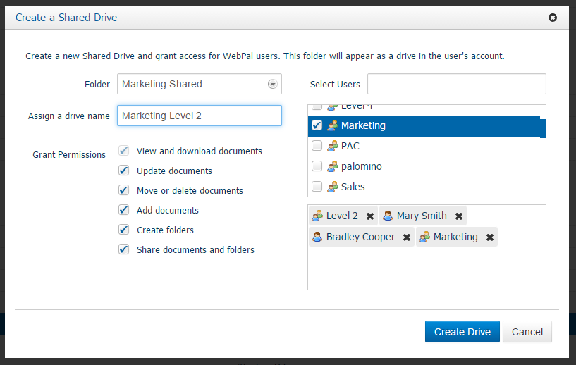 webpal cloud server, create a shared drive, admin functions