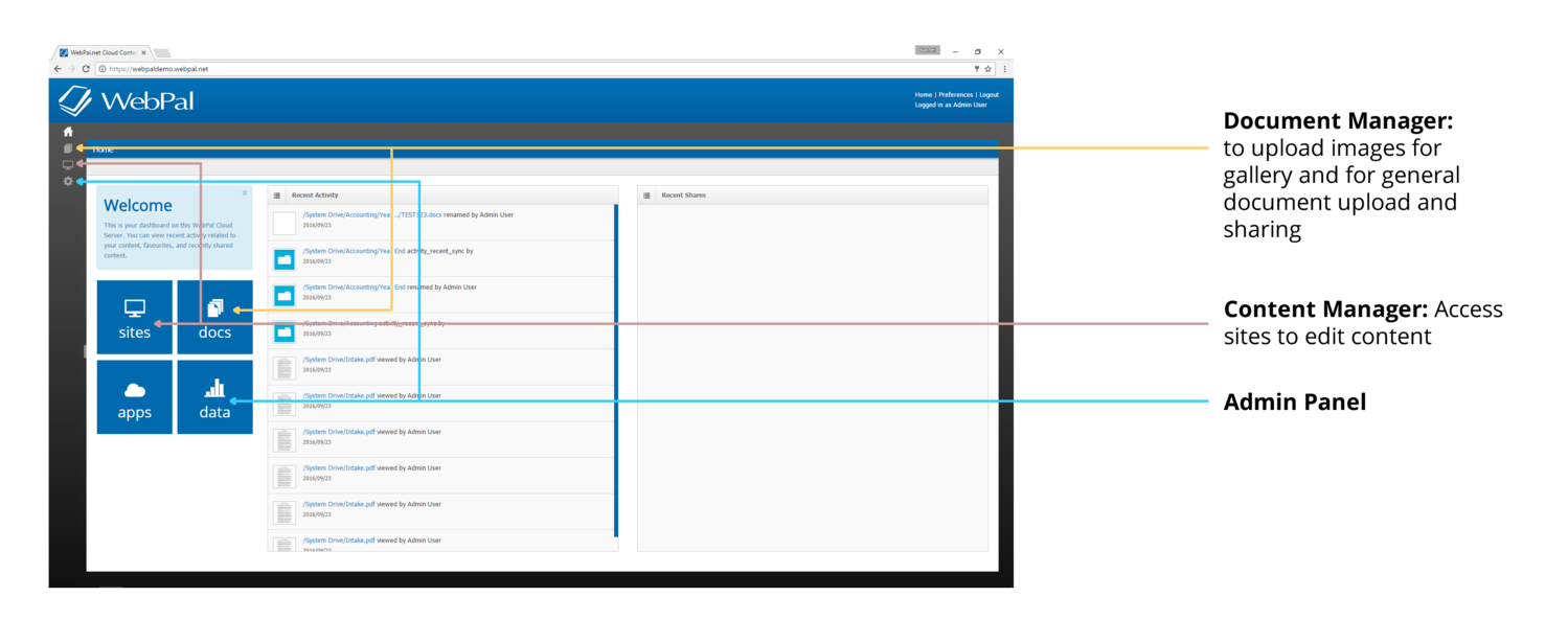 webpal cloud server, document manager, content manager, admin panel