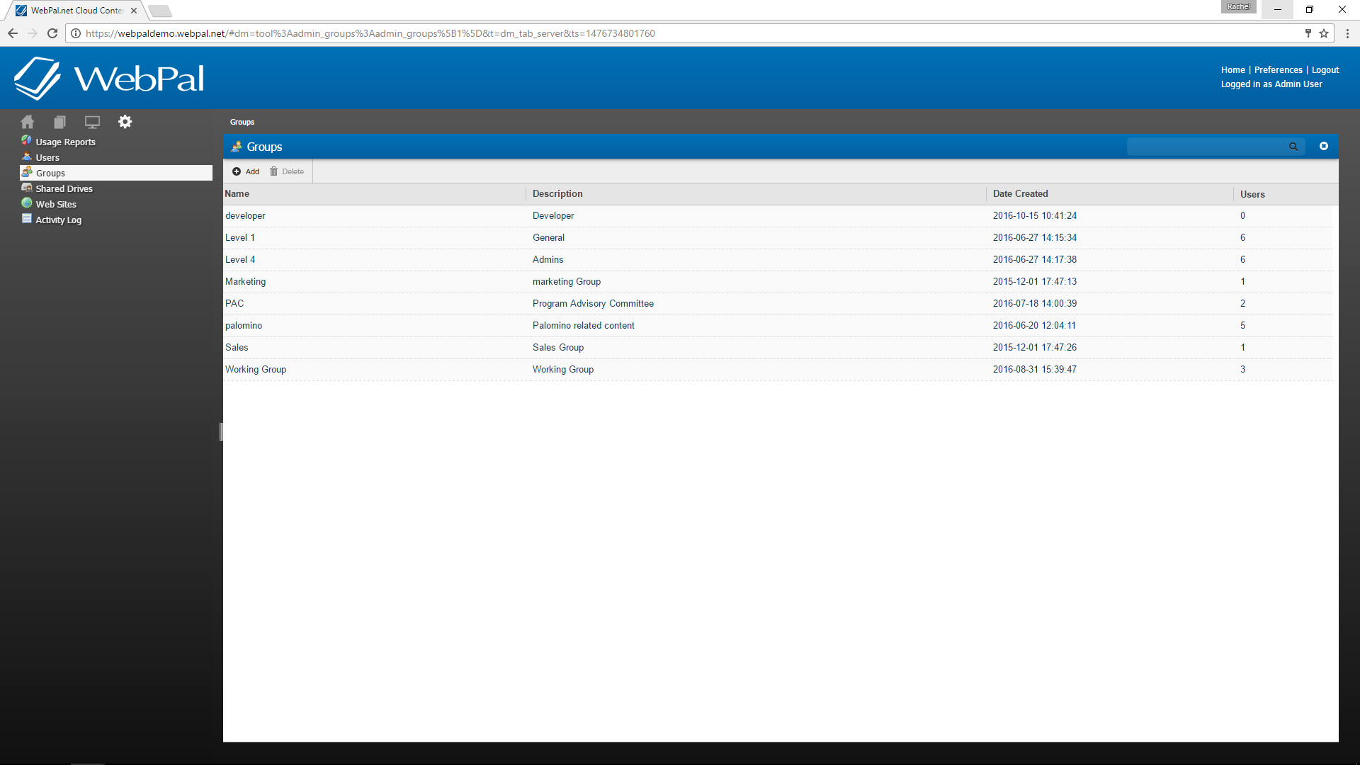 webpal cloud server, managing groups, adding groups into webpal