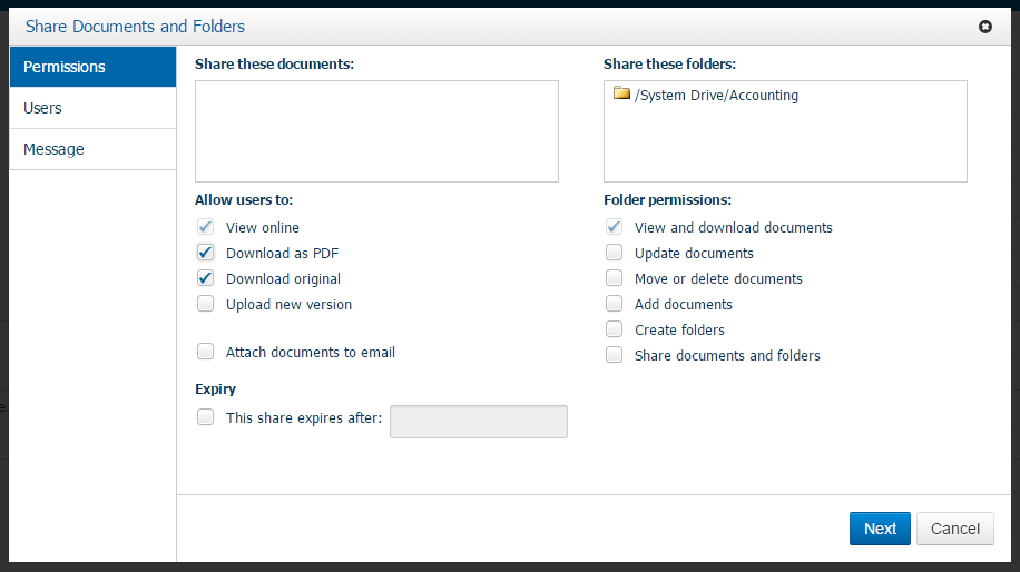 WebPal Cloud Server, document management, share permission settings