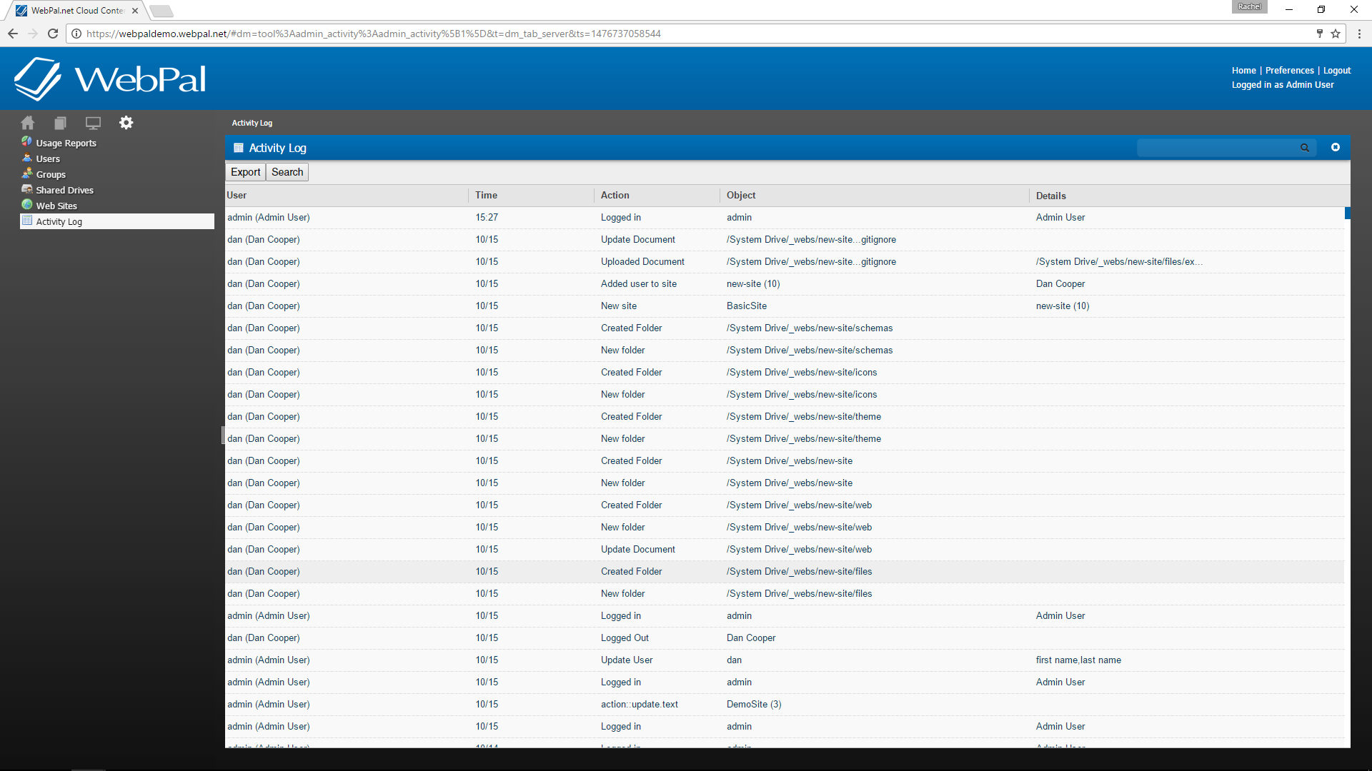 webpal cloud server, activity log